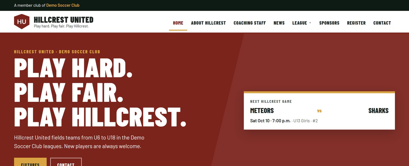 Hillcrest United website: dark red, bold headline, next game card